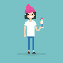 Self presentation. Young female character holding her 3D model on the palm / flat editable vector illustration, clip art