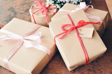 Gift boxes on wooden table 