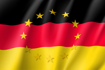 Germany national flag with a circle of European Union twelve gold stars, political and economic union, EU member since 1 January 1958. Realistic vector style illustration