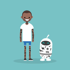 Tattoo subculture. Human and robot fully covered with tattoos / flat editable vector illustration, clip art