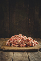  Raw meat ground to mincemeat on the kitchen board
