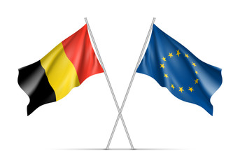 Belgium and European Union waving flags on flagpole. EU sign with twelve gold stars on blue and Belgium national symbol black, yellow and red colors. Isolated on white background