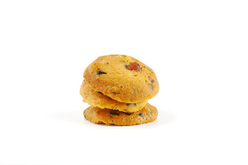 Homemade chocolate chip and almond cookies isolated on white background