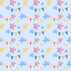 Watercolor illustrations of stars and Checkboxes. Cute seamless pattern.