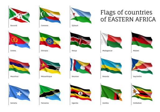Set of waving flags of Eastern African states Djibouti, Comoros, Burundi and Eritrea, Ethiopia, Kenya, Malawi and Mauritius. 18 ensigns on flagpole of East Africa countries. Vector isolated icons