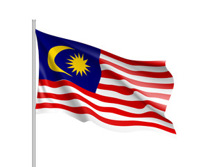 Waving flag of Malaysia. Illustration of Asian country flag on flagpole. Vector 3d icon isolated on white background