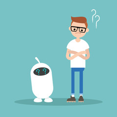 Human and artificial intelligence trying to answer a question  / flat editable vector illustration, clip art
