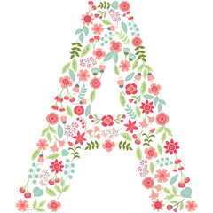 Vector floral letter A. Vector floral abc. English floral alphabet. Font vector illustration. 