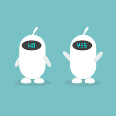 Yes No set. Two white robots with Yes and No signs on their displays / flat editable vector illustration, clip art