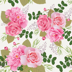 Seamless floral pattern with roses and peonies.Background for web pages, wedding invitations, save the date cards. EPS 10 vector.