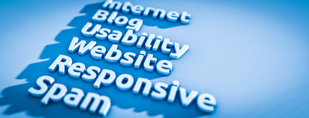 3D Typo Grafik mit Website, Blog, Spam Usability