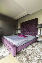 Luxurious bedroom with a violet king size bed