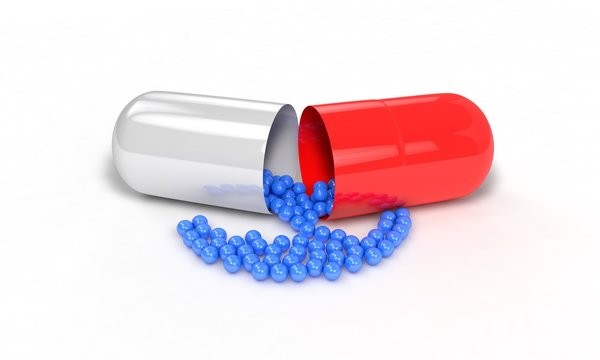 Substances in pill on the white, 3d render