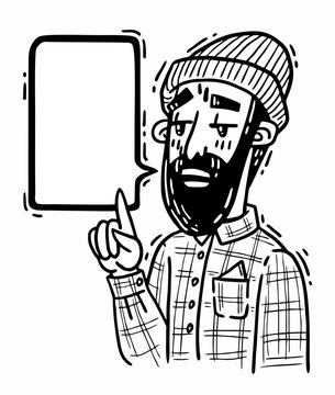 bearded hipster points with his finger up and says