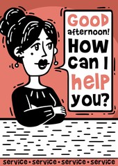 Comic poster woman says how can i help you pink