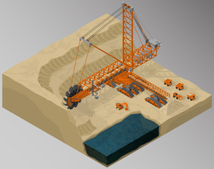 Vector isometric illustration of bucket-wheel excavator, heavy equipment used in surface mining, sand quarry development and involving machinery. Equipment for high-mining industry.