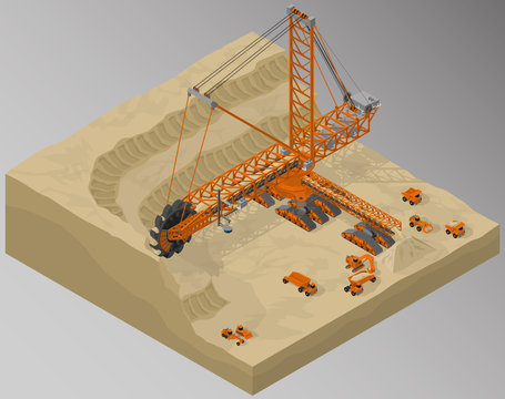 Vector isometric illustration of bucket-wheel excavator, heavy equipment used in surface mining, sand quarry development and involving machinery. Equipment for high-mining industry.