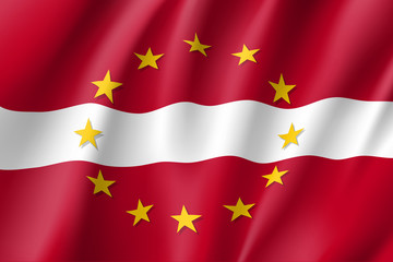 Latvia national flag with a circle of European Union twelve gold stars, ideals of unity with EU, member since 1 January 1958. Realistic vector style illustration