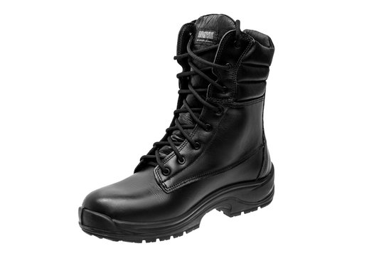 Black military leather boots isolated on white
