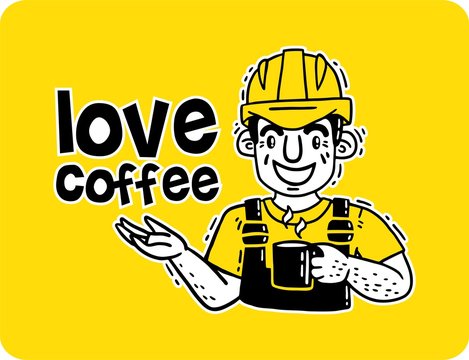 working man in a protective helmet loves coffee