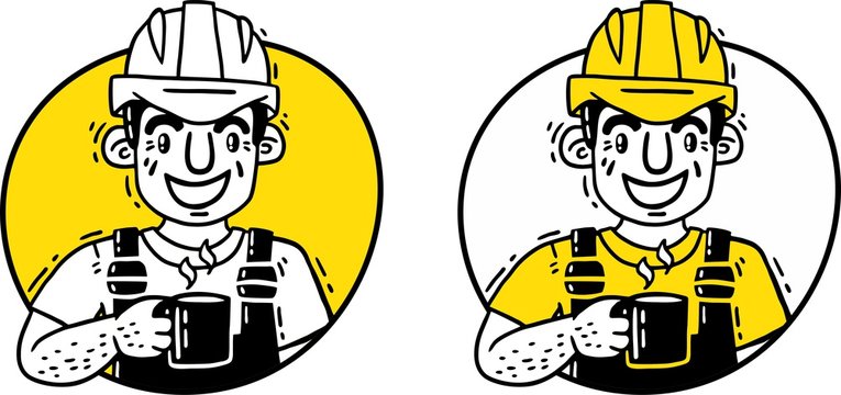 Working man in protective helmet with a cup of coffee set