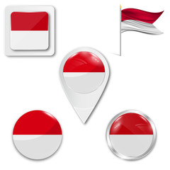 Set of icons of the national flag of Indonesia and Monaco in different designs on a white background. Realistic vector illustration. Button, pointer and checkbox. - obrazy, fototapety, plakaty