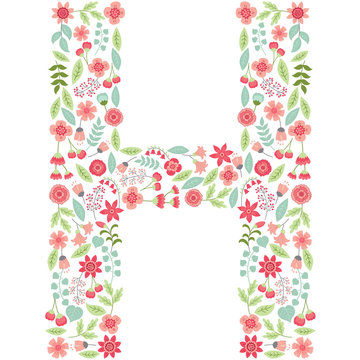 Vector floral letter H. Vector floral abc. English floral alphabet. Font vector illustration. 