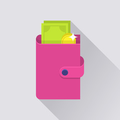 Flat wallet icon. Pink wallet with cash and coin. Internet sign with long shadow in cartoon style. Web and mobile design element. Money symbol. Vector colored illustration.