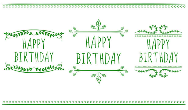 HAPPY BIRTHDAY card templates.. VECTOR labels. Green on white.