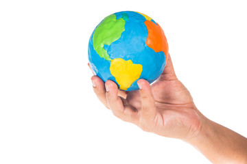 man hand holding globe isolated on white background