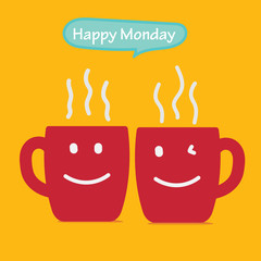 Happy Monday Coffee Cup Concept isolated on yellow background with smile face on cup.