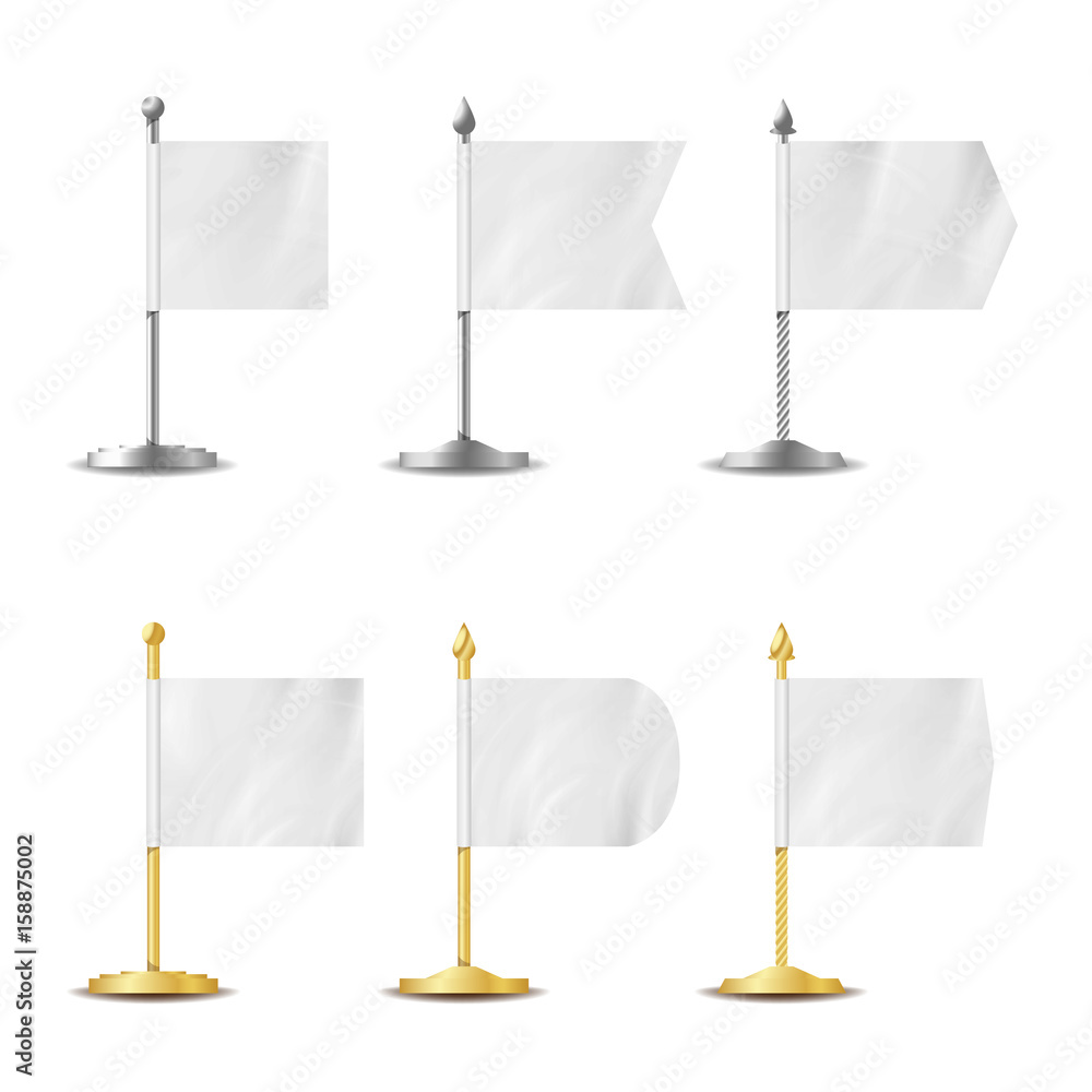 Poster table desk flag set. vector realistic illustration. desk flag mockup isolated. template set for busi