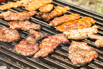 Frying pork and chicken meat on the barbecue grill