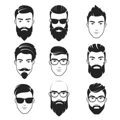 Set of vector bearded hipster men faces. Haircuts, beards, mustaches set. Handsome man emblems icons. - obrazy, fototapety, plakaty