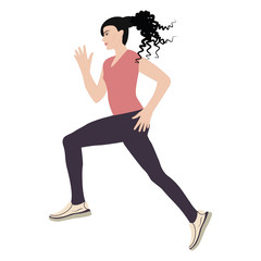 Sporty jogging girl with long hair, isolated on white background. Artistic creative vector illustration of a modern minimalist flat style