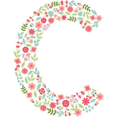 Vector floral letter C. Vector floral abc. English floral alphabet. Font vector illustration. 
