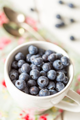 White Bowl Cup with Fresh Ripe Blueberries on Light Wooden Table, Vertical View