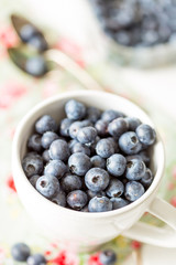 Tasty Blueberries in White Cup on a Light Wooden Table, Vertical View