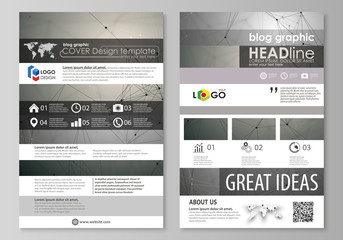 Blog graphic business templates. Page website design template, easy editable abstract vector layout. Chemistry pattern, molecule structure on gray background. Science and technology concept.
