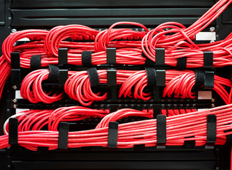 Detail of red cables on data storage equipment in data centre