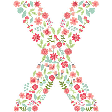 1033969 Vector floral letter X. Vector floral abc. English floral alphabet. Font vector illustration.