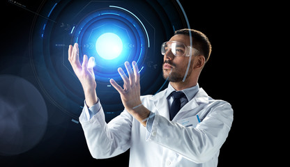 scientist in lab goggles with virtual projection
