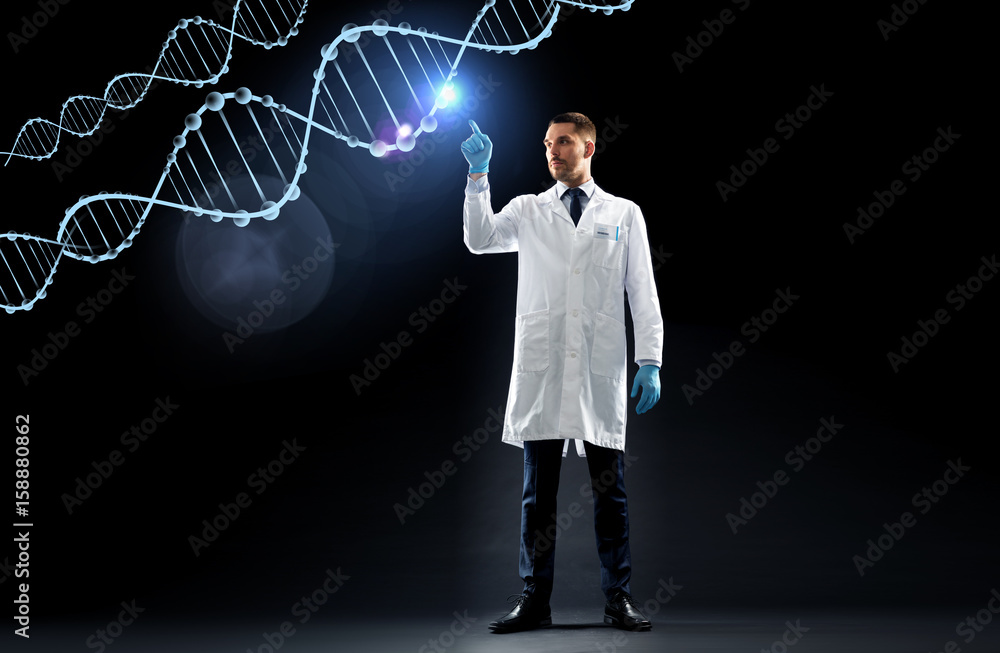 Canvas Prints scientist in lab coat and medical gloves with dna