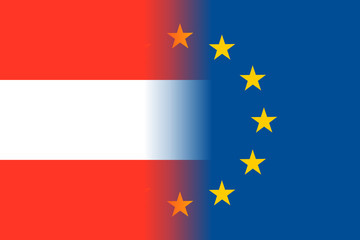 Austria national flag with a flag of European Union twelve gold stars, identity and unity with EU, member since 1 January 1995. Vector flat style illustration
