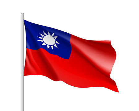 Waving flag of Taiwan. Illustration of Asian country flag on flagpole. Vector 3d icon isolated on white background
