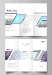 The minimalistic abstract vector illustration of editable layout of two creative tri-fold brochure covers design business templates. Polygonal texture. Global connections, futuristic geometric concept