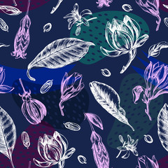 Decorative seamless pattern with ink hand-drawn Tropical flowers and leaves. Vector illustration.
