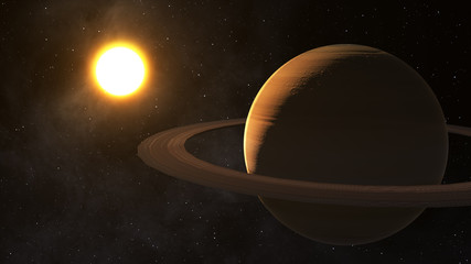 The sun shines on Saturn in space high quality 3d illustration.