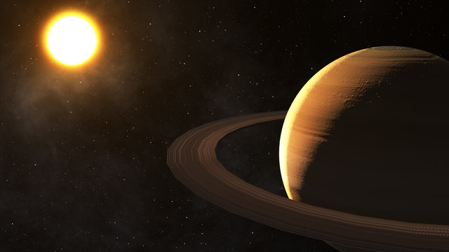 The sun shines on Saturn in space high quality 3d illustration. - Powered by Adobe