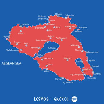 island of lesvos in greece red map illustration
